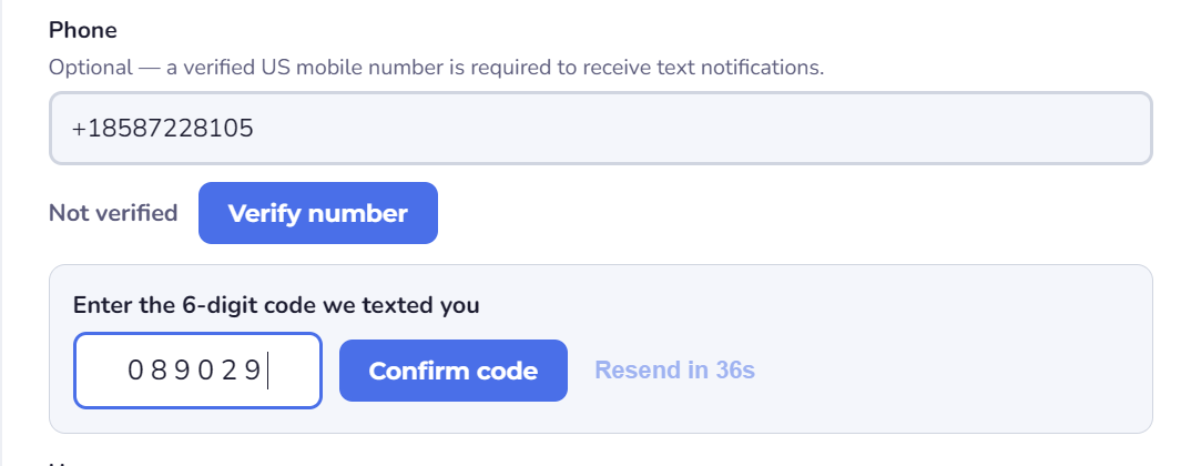 Profile screen: enter the one-time verification code we texted