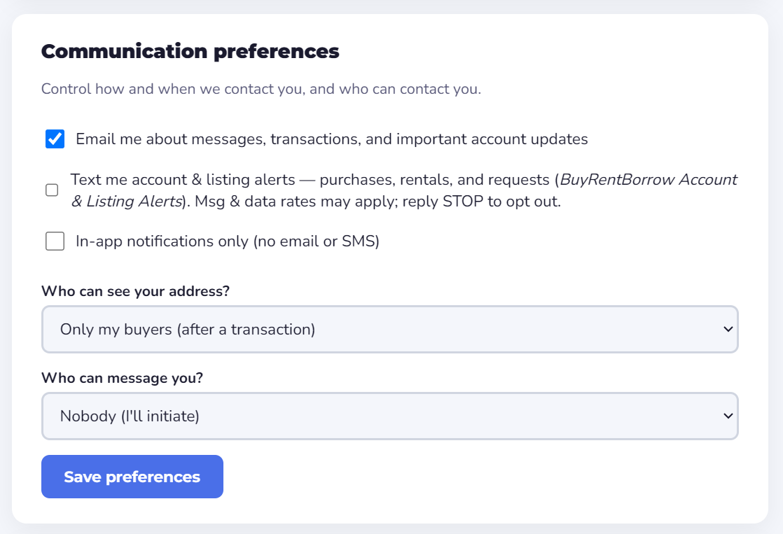 Profile screen: the unchecked Text me account and listing alerts consent checkbox